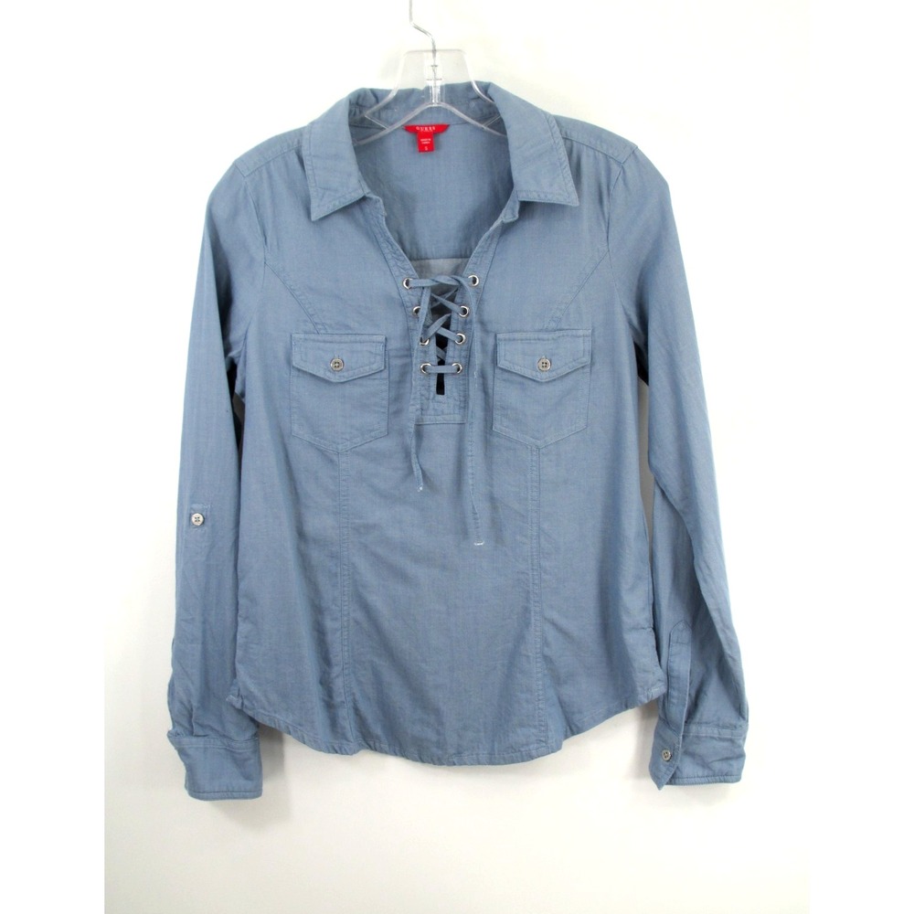 GUESS Pullover Collared Top Women Small Light Blue Laced Front Pockets Roll Tab
